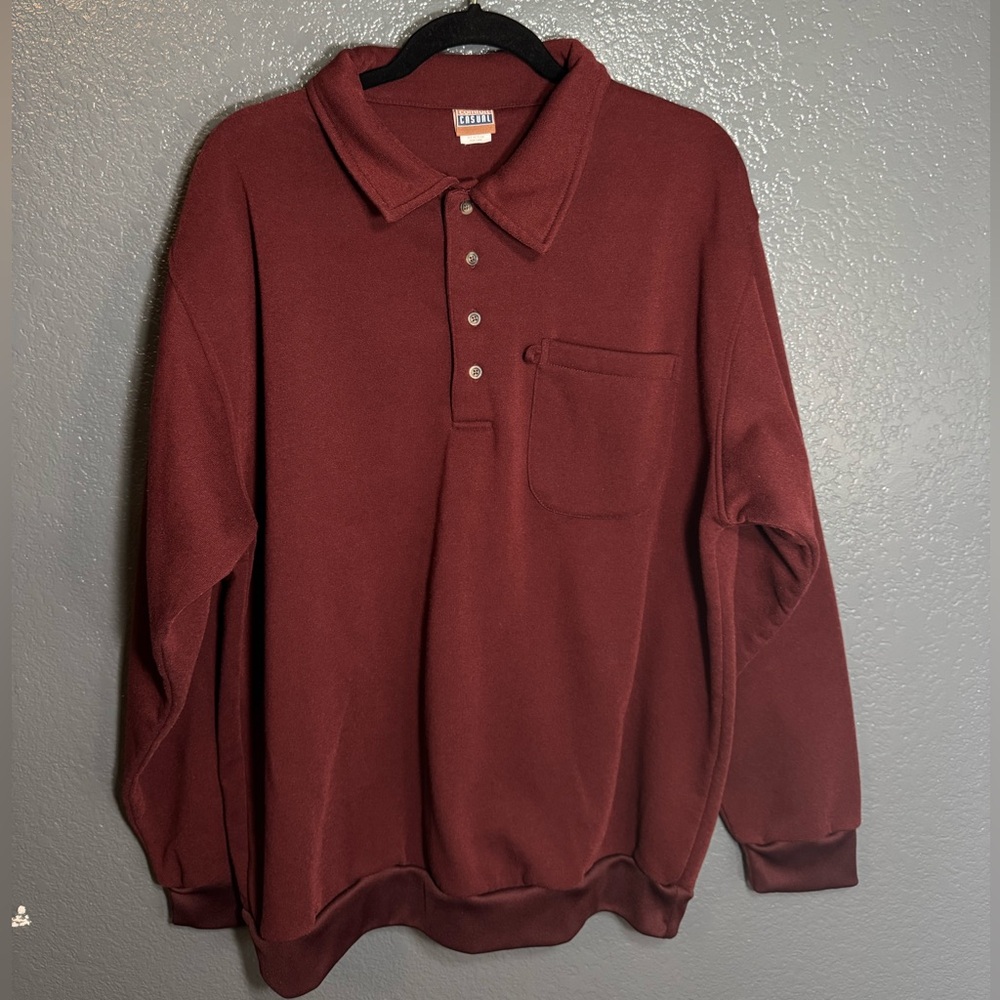 Comfort Casual Mens Burgundy Polo Sweater Pocket Button Up Collar Size XLT Tall